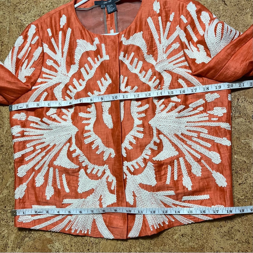 Per Se Linen Silk Embroidery Large Snap Jacket In Orange & Cream Sz 10 - Picture 12 of 16